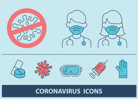 Set of icon COVID-19 symptoms. Pandemic. Doctor and coronavirus symptoms.のイラスト素材