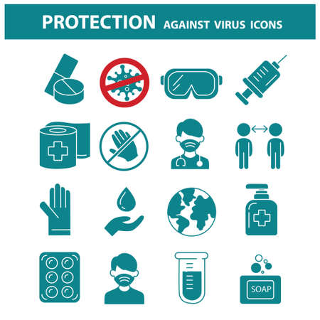 Coronavirus 2019-nCoV Covid-19 Prevention icon set people, healthcare, consultation, cough, microscope.のイラスト素材