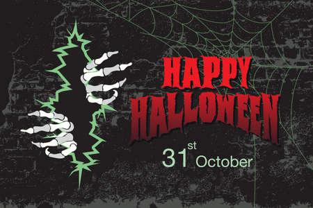 Grave Halloween background of zombie arm and a gravestone in a graveyard with full moon in the background. Copyspace on the grave stone for your text.のイラスト素材