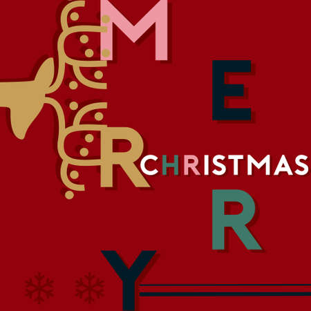 Red Merry Christmas greeting card.  Xmas deer and snowflakes.Vector illustrationのイラスト素材