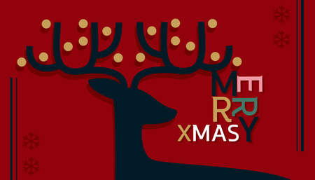 Red Merry Christmas greeting card.  Xmas deer and snowflakes.Vector illustrationのイラスト素材