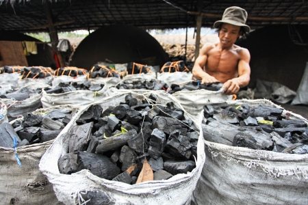 NAKHON SI THAMMARAT, THAILAND - MAY 12 : Unidentified worker in a charcoal factory packs charcoals into plastic bags for shipment on May 12, 2010 in Nakhon Si Thammarat, Thailand. のeditorial素材