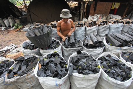 NAKHON SI THAMMARAT, THAILAND - MAY 12 : Unidentified worker in a charcoal factory packs charcoals into plastic bags for shipment on May 12, 2010 in Nakhon Si Thammarat, Thailand. のeditorial素材