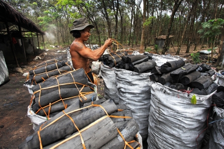 NAKHON SI THAMMARAT, THAILAND - MAY 12 : Unidentified worker in a charcoal factory packs charcoals into plastic bags for shipment on May 12, 2010 in Nakhon Si Thammarat, Thailand. のeditorial素材
