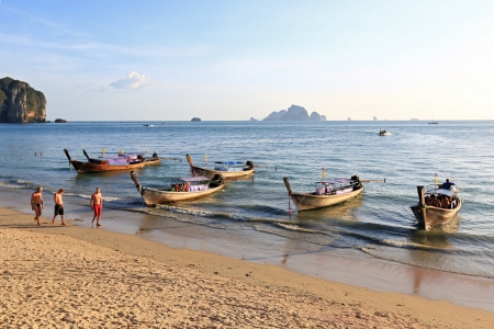 KRABI, THAILAND - FEBRUARY 5: Tourists on Ao Nang beach in summer on February 5, 2013 in Krabi, Thailand. Ao Nang beach is a famous tourist destination in Krabi, Thailand. のeditorial素材