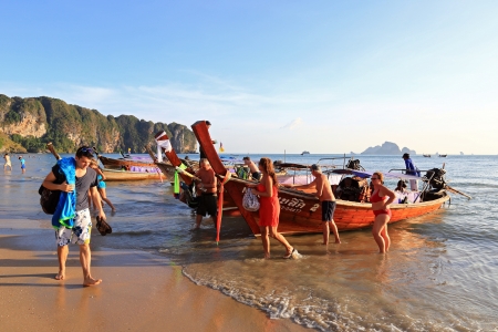 KRABI, THAILAND - FEBRUARY 5: Tourists on Ao Nang beach in summer on February 5, 2013 in Krabi, Thailand. Ao Nang beach is a famous tourist destination in Krabi, Thailand. のeditorial素材