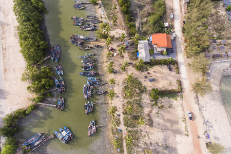 Aerial view over fishing boat dock in Nakhon Si Thammarat, Thailandの写真素材