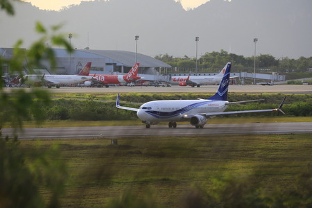KRABI, THAILAND - OCTOBER 11 : A passenger plane from New Gen Airways is in runway taking off at Krabi International airport on October 11, 2016 in Krabi, Thailand.のeditorial素材