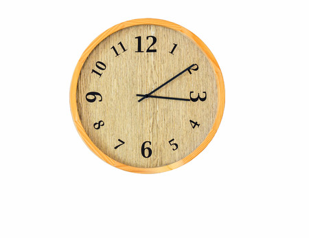 One Wood clock on white wall, free spaceの写真素材