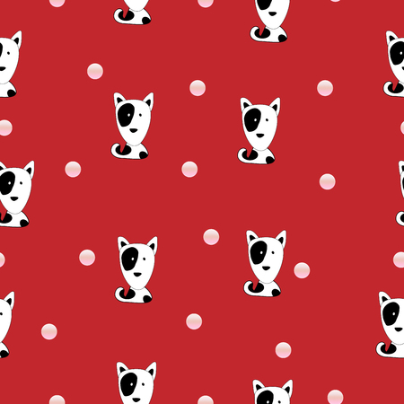 Seemless pattern of cartoon black and white dog head red background, Vectore design for paper print business, fabric or background.のイラスト素材