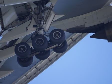 Closeup of airplane landingの写真素材