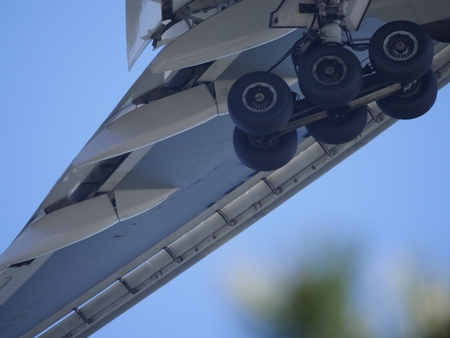 Closeup of airplane landing