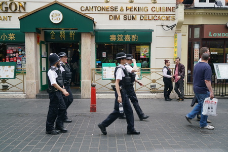 London, UK-May 28, 2017: Police officers on duty in China Town, Londonのeditorial素材