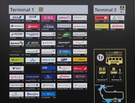 Narita, Japan-September 23, 2017: List of airlines operating at Narita airport terminal 1 and 3.のeditorial素材