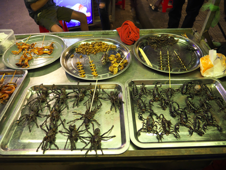 Siem Reap, Cambodia-December 22, 2017: Grilled insects and snakes are sold by a pushcart vendor at Old market in Siem Reap, Cambodia.の写真素材