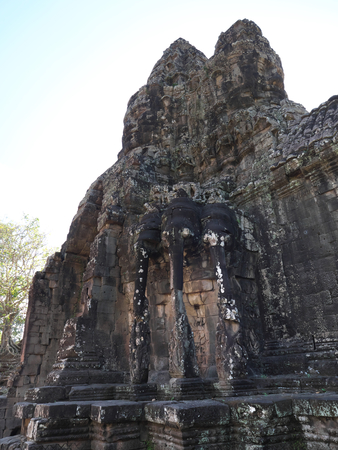 Siem Reap, Cambodia-December 22, 2017: The south gate of Angkor Thom is 7.2 km north of Siem Reap, and 1.7 km north of the entrance to Angkor Wat. The walls are of laterite and a parapet on the top.のeditorial素材