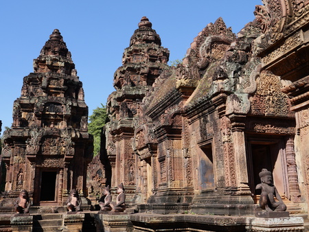 Siem Reap, Cambodia-December 23, 2017: Banteay Srei is a 10th-century Cambodian temple dedicated to the Hindu god Shiva. It is renowned for its intricate decoration carved in pinkish sandstone that covers the walls like tapestry.のeditorial素材
