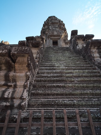 Stairs to the third level of the Angkor Wat is extremely steep. This stairs is blocked.の写真素材