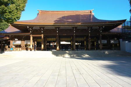 Tokyo, Japan-January 12, 2018: Main at the shrine building of Meiji Jingu at the shrine located in Shibuya, Tokyo. This at the shrine is dedicated to the deified spirits of Emperor Meiji.のeditorial素材