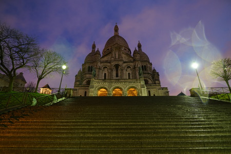 Paris, France-January 18, 2018: Sacre coeur or the Basilica of the Sacred Heart of Paris is a Roman Catholic church. This picture was taken after the heavy rain before sunrise.のeditorial素材