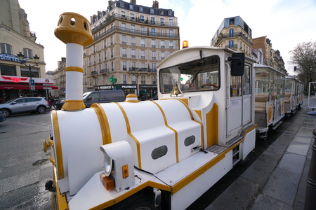 Paris, France-January 18, 2018: The Little Train of Montmartre is a tourist train which departs from Place Blanche to Place du Tertre.のeditorial素材