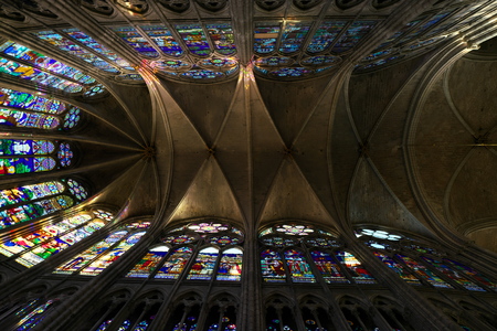 Paris, France-January 19, 2018: Stained glass of Basilique Saint-Denis, a Gothic architecture and an architectural landmark in Paris.のeditorial素材