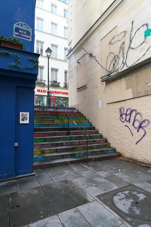 Paris, France-January 22, 2018: Rue des Degres is the shortest street in Paris: 3.3 metres wide and 5.75 metres long, only 14 steps.のeditorial素材