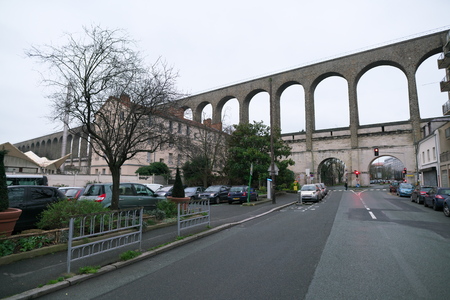 Paris, France-January 21, 2018: The aqueduct between the towns Arcueil and Cachan on the South of Paris, built under Henry IV.のeditorial素材
