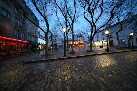Paris, France-January 23, 2018: Wet stone pavement of Place du Tertre in the early morningのeditorial素材