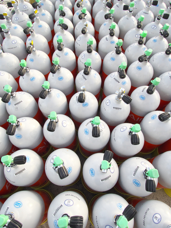 Okinawa, Japan-June 25, 2017: Air tanks are ready for scuba diving.のeditorial素材