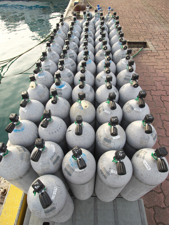Okinawa, Japan-June 25, 2017: Air tanks are ready for scuba diving.のeditorial素材