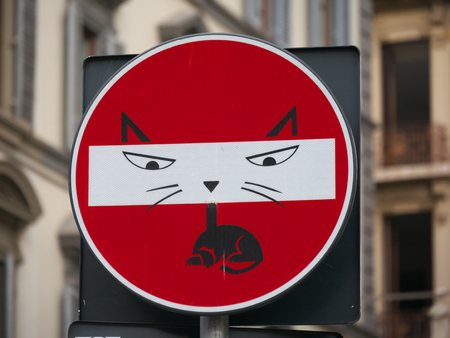 Florence, Italy-July 26, 2018: Modified traffic sign, no entry for vehicular traffic, found near Cattedrale di Santa Maria del Fioreのeditorial素材