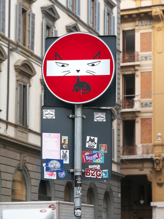 Florence, Italy-July 26, 2018: Modified traffic sign, no entry for vehicular traffic, found near Cattedrale di Santa Maria del Fioreのeditorial素材