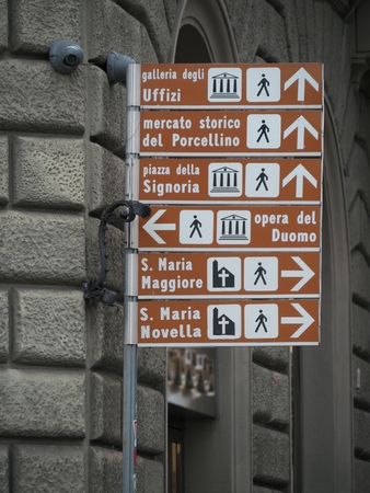 Florence, Italy-July 26, 2018: Destination signs near Piazza del Duomo and Palazzo Arcivescovileのeditorial素材