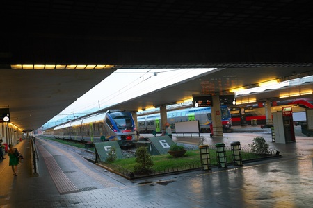Florence, Italy-July 26, 208: Almost vacant platform of Firenze Santa Maria Novella station just after the sunriseのeditorial素材