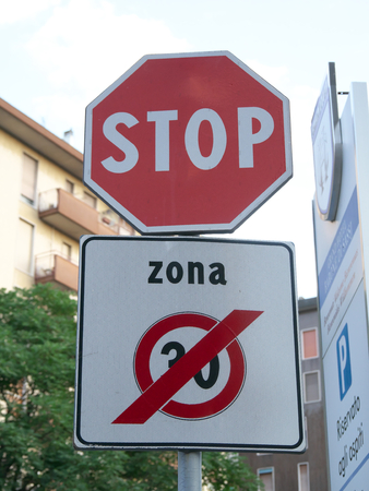 Warning road sign of Stop and end of advisory speed, Milanの写真素材