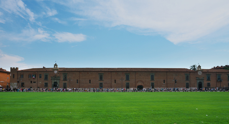 Pisa, Italy-July 26, 2018: People walk along Sinopie museum or Museo delle Sinopie, Pisaのeditorial素材