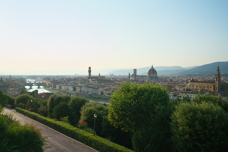 Firenze, Italy-July 25, 2018: Panoramic view of Florence from Michelangelo square, Florence, Italyの写真素材
