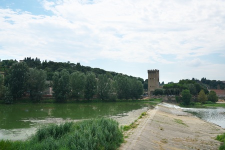 Florence, Italy-July 26, 2018: San Niccolo Tower and San Niccolo weir on Arno River, Florenceのeditorial素材