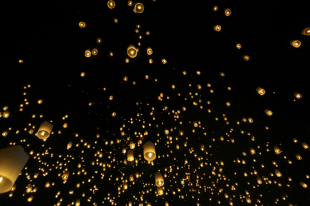 Chiang Mai, Thailand-November 14, 2016: Floating lanterns or Khom Loy at Chiang Mai Loy Krathong Festivalの写真素材
