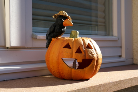 Halloween ornament by the window in Germanyの写真素材