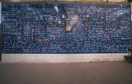 Paris, France-October 17, 2018: Wall in Paris, 'I love you' written in many international languages.のeditorial素材