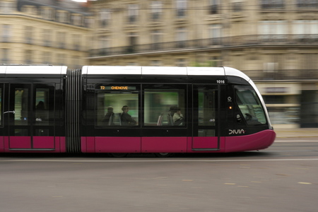 Dijon, France-October 14, 2018: Panning of tramway of Dijon, Franceのeditorial素材