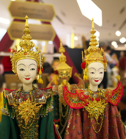Khon mask and a costume of performers of the classical dance-drama of Thailandの写真素材