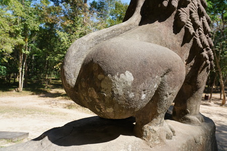 A statue of lion at Prasat Tao in Sambor Prei Kuk in Cambodiaの写真素材