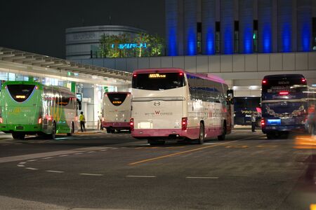 Tokyo, Japan-September 25, 2019: Busy Shinjuku Expressway bus terminal at midnightのeditorial素材