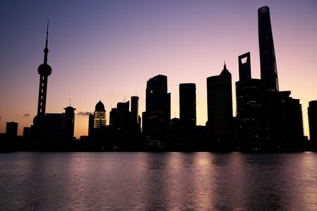 Shanghai, China-September 16, 2019: View of Pudong New Area high-rise buildings at sunrise