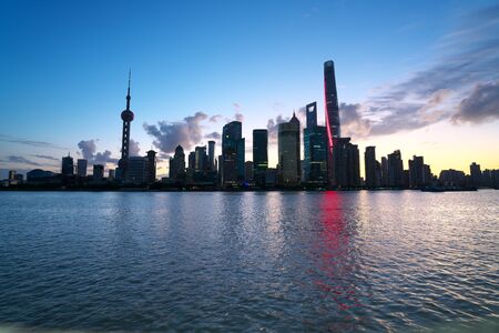 Shanghai, China-September 18, 2019: View of Pudong New Area high-rise buildings at sunriseのeditorial素材
