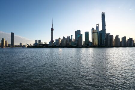 Shanghai, China-September 18, 2019: View of Pudong New Area high-rise buildings at sunriseのeditorial素材
