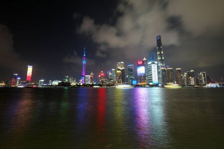 Shanghai, China-September 18, 2019: Night scene of Pudong buildings in Shanghaiのeditorial素材